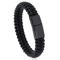 Geflochtenes schwarzes Lederarmband mit schwarzem Magnetverschluss aus Edelstahl - 22cm / Schwarzer Clip