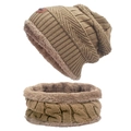 Winter fleece-lined knitted hat and neck warmer scarf set in khaki brown color - Set-Adult / Khaki