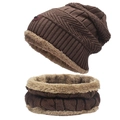Winter warm knitted beanie and neck warmer set in coffee brown with thick fleece lining - Set-Adult / Coffee