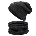 Winter black thick fleece-lined knit beanie and neck warmer scarf set for men and women - Set-Adult / Black