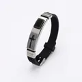 Men's adjustable black silicone bracelet with a silver stainless steel cross plate inlay - Silver Black Cross