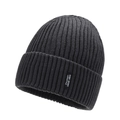 Dark grey knitted beanie featuring thick ribbed texture and a square sport lifestyle tag - One Size / Gray