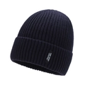 Navy blue ribbed knit beanie featuring a fold-over cuff and athletic logo patch - One Size / Navy Blue