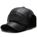 Berretto da baseball invernale in ecopelle nera con paraorecchie e fodera in pelliccia - Nero Con Pelliccia Nera