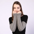 Detail showing grey and black cable knit wool arm warmers with soft textured twist pattern - One Size / Light Gray