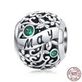 S925 Sterling Silver May birthstone charm with green gems and floral pattern - May