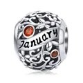 January birthstone S925 sterling silver charm with red stones and hollow leaf pattern - January