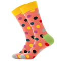 Detailed view of colorful polka dot knit socks with ribbed yellow cuffs and grey toes - Size 38-45 / Yellow Rib Polka Dot