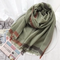 Solid thin wool scarf in bean paste green with reddish-brown stripe border and fringe - Fruit Green Striped