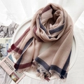 Beige solid wool scarf with red and blue stripes and fringe edges on a white table - Grey Pink Striped