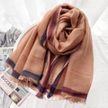 Thin beige wool scarf featuring deep red and blue stripes with delicate fringe detail - Beige Striped Style