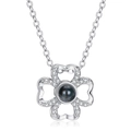 Silver clover necklace with black projection stone and diamond accents on white base - Silver Four Leaf Clover Style (08)