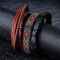 Retro Bohemian multi-layer leather and wood bead friendship bracelet set for men and women - N03 Vintage Red Wood Bead Set