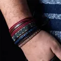 Men's bohemian multilayer stackable leather bracelets with blue wood beads and embroidery - Vintage Ethnic Collection (N015) / 4 Pieces / N015
