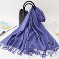Solid deep purple cashmere scarf with long tassels draped on a premium black leather bag - 200*70cm / Memory Blue