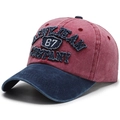 Berretto da baseball vintage in cotone lavato bordeaux e blu con ricamo FNKJEAN 67 - Regolabile / Rosso Vino (Patchwork Blu Marino)