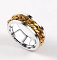 Detail of silver stainless steel ring with an integrated golden Cuban chain spinner link - US 5 / Gold