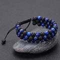 Bracelet tressé triple couche en pierre de lave et lapis-lazuli pour hommes - Cordon de Serrage Réglable / Trois Rangs Lapis-Lazuli Pierre Volcanique (6mm)
