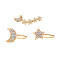 Three-piece gold-toned star and moon rhinestone ear clip set for non-pierced ears - Gold (A6523)