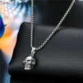 Silver punk skull pendant necklace with polished stainless steel chain on black leather - Skull