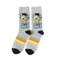 Close-up of grey knit mid-calf socks with colorful stripes and cartoon monster pattern - Grey Monster BITE ME Style (A318)
