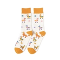 Detail shot of white mid-calf socks with orange toes and colorful cartoon alpaca patterns - White Orange Alpaca Style (A326)