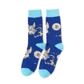 Detail of dark blue crew socks with funny elephant and mouse cartoon patterns - Navy Elephant Mouse Style (A327)
