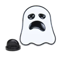 Spilla a forma di fantasma in smalto bianco con chiusura in gomma nera su fondo bianco - Fantasma