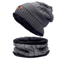 Winter knitted beanie and neck warmer set in grey with thick black fleece lining - Set-Adult / Gray