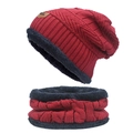 Deep red winter beanie and neck warmer set with navy fleece lining and knit texture - Set-Adult / Burgundy