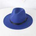 Detail of the royal blue wool felt fedora featuring a black leather belt and silver buckle - Sapphire Blue