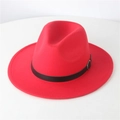 Detail of red wool fedora hat featuring a black leather band with silver metal buckle - Red