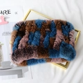 Thick faux fur snood in brown, blue and pink patchwork design on golden frame - Colorful 2