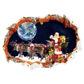 3D Christmas wall sticker featuring Santa flying over Earth in a broken wall frame - 50x70cm
