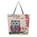 Beige geweven canvas shopper met uilborduurwerk en tekst Dare to live your DREAM - Cartoon Uil En Droom Slogan Stijl