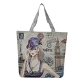 Detail van de geborduurde canvas tas met retro collagepatroon van Londen en Parijs - Britse Moderne Vrouw En Stadsoriëntatiepunten Stijl
