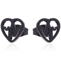 Minimalist black stainless steel heart shaped stud earrings with heartbeat line motif - 110 Heartbeat - Black
