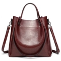 Vintage dark red oil wax leather bucket bag with top handles and adjustable strap - Burgundy