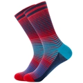 Detail showing the red and blue striped pattern on knit crew length casual socks - Red Blue Navy Stripe