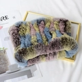 Detailed view of luxury knitted rabbit fur snood featuring vibrant multi-color stripes - One Size Stretchy