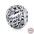 February birthstone charm in S925 sterling silver with purple stones and hollow pattern - February