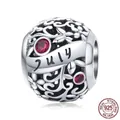 S925 sterling silver July birthstone charm with red crystals and vine engravings - July