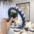 Elegant wide blue velvet headband with large white pearl wrap for women fashion accessory - Blue Gray