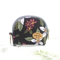 Black semi-circular canvas coin purse with purple flower patterns and a metal key ring - Charcoal Black Floral
