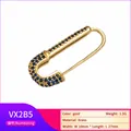Detailed view of micro-pave blue zircon safety pin pendant in gold brass 10x27mm - Single Piece / Gold Plated Blue Zirconia