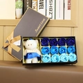 Blue gradient soap rose gift box with a white teddy bear and a brown ribbon bow - 12pcs Blue With Bear