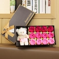 Pink soap rose gift box with 12 gradient roses and a small plush bear in a brown box - 12pcs Pink With Bear