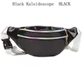 Black glossy waterproof waist bag featuring vibrant colorful kaleidoscope double zippers - Black Kaleidoscope