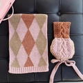 Winter knit set with pink and brown argyle scarf and earflap hat for kids - Pink and Coffee