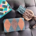 Knitted kids scarf and headband set featuring blue and brown argyle patterns and bow - Navy & Coffee